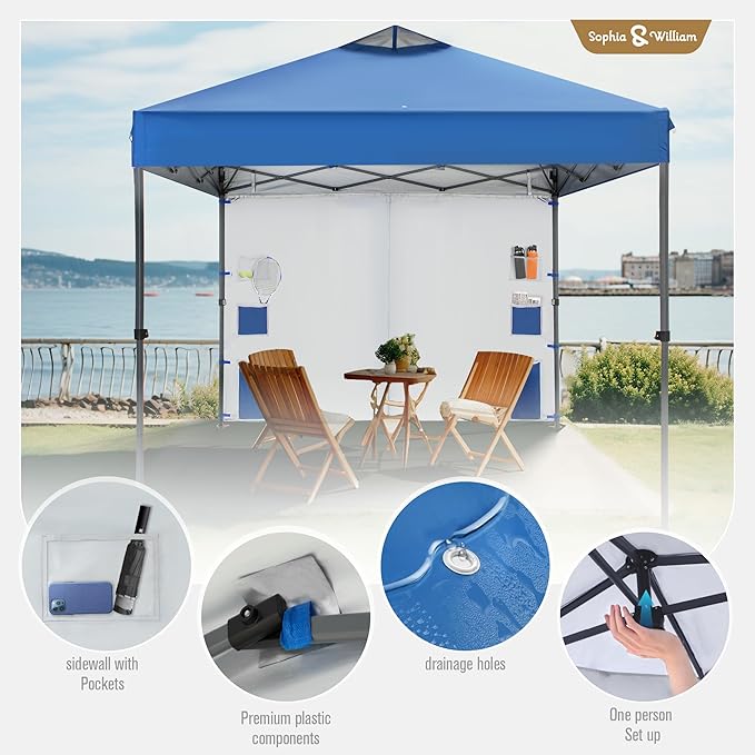 Canopy Tent Pop Up 10x10 ft One Person Push Set Up Tent, Outdoor Canopies Shelter Heavy Duty Straight Legs with 1 Sidewall & 4 Sandbags, 1 Roller Bag & Storage Bag, 8 Stakes & 4 Guy Ropes UPF50+, Blue