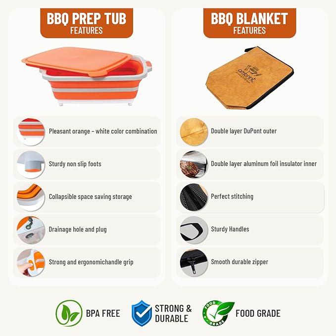 large 16L BBQ Prep Tub with Lid & BBQ Resting Blanket, Collapsible Cutting Board for Brisket & Vegetables, BBQ Tray for Meal Prep Marinating,Versatile Kitchen Container for Meat, Food Storage