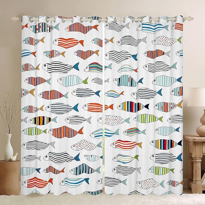 Manfei Cute Fish Blackout Curtains Fishing Theme Window Drapes,Cartoon Fish Wildlife Animals Window Treatments,Kids Boys Girls Room Decor,Grommet Top 2 Panel Set Bedroom Curtains, 38Wx54L inch