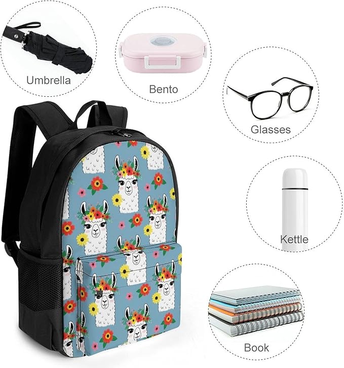 Rucksack Polyester Anti-Theft Multipurpose Alpaca Llama Flower Carry On Bag Large Capacity Travel and Sport Backpack Rucksack With Smooth Zippers