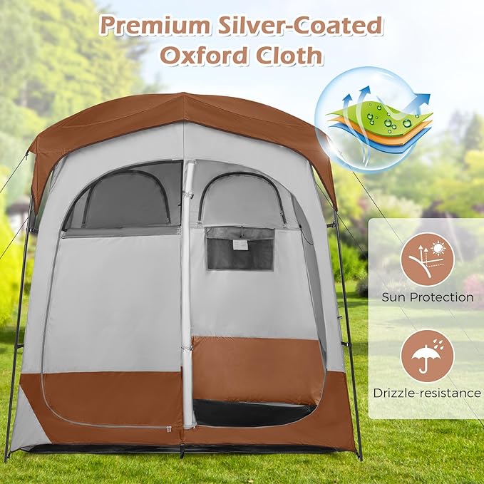Goplus 2 Room Shower Tent, Portable Camping Changing Shelter with Floor Drain,Detachable Rain Fly, Stakes & Ropes, UV Protection, Water Resistant Privacy Tent for Outdoor Toilet, Dressing (Coffe)