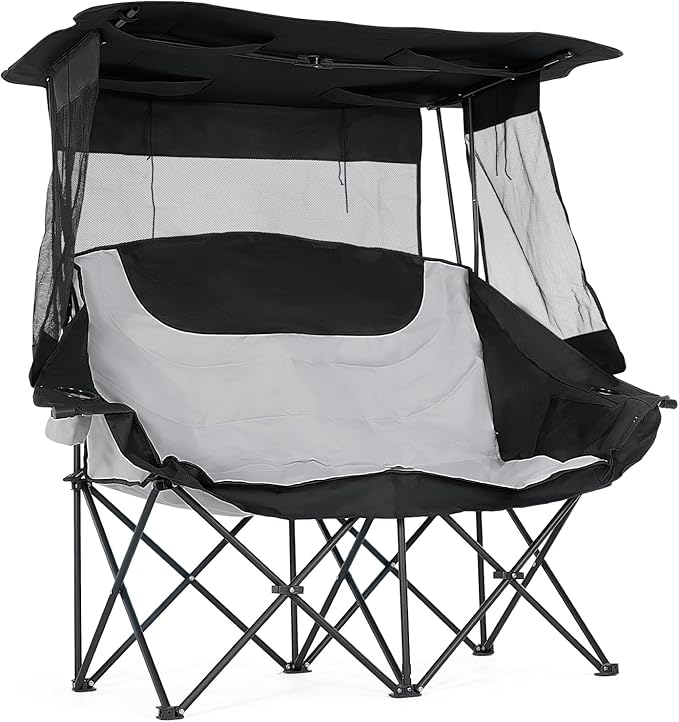 DoCred Double Beach Camping Chair with Canopy, Folding 2 Person Camping Sofa Seat, Portable Outdoor Loveseat with Shade, Oversize Camp Chair for Lawn, and Outdoor Activities