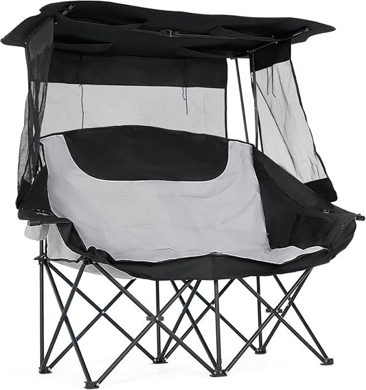 DoCred Double Beach Camping Chair with Canopy, Folding 2 Person Camping Sofa Seat, Portable Outdoor Loveseat with Shade, Oversize Camp Chair for Lawn, and Outdoor Activities