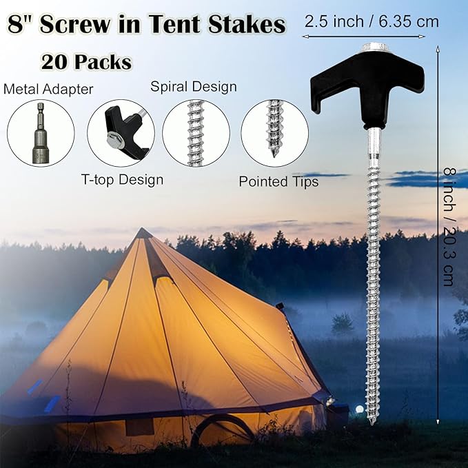 20 Pack Screw in Tent Stakes, 8 Inch Heavy Duty Ground Anchors with Hex Head Drillable Tent Pegs Camping Stakes for Patio, Garden, Canopies, Grassland, Outdoor (Black)