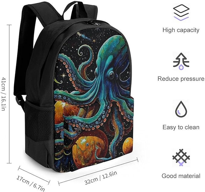 Supdreamc Lightweight Daypack Backpack for Sports Travel Running, Large Capacity Multipurpose Anti-Theft Bookbag, Octopus On The Moon Holding Stars Planet Art Laptop Backpack Daypack