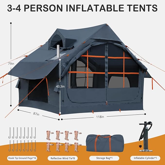Inflatable Tents with Hand Pump Hot Tent with Stove Jack Easy Blow Up Glamping Tent with Mesh Windows, 4-6 Person Instant Family Camping Tents Waterproof for 4 Seasons