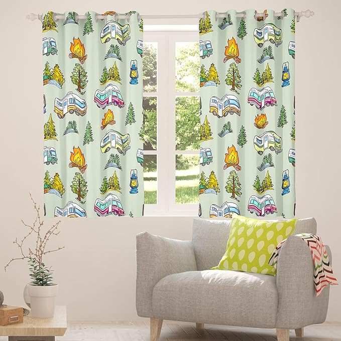 Feelyou Vintage Green Camper Curtains for Bedroom Living Room Rustic Camping Trailer Blackout Shades Happy Camping Room Darkening Curtain Window Treatments, 2 Panels 52 x 90 Inch Decor