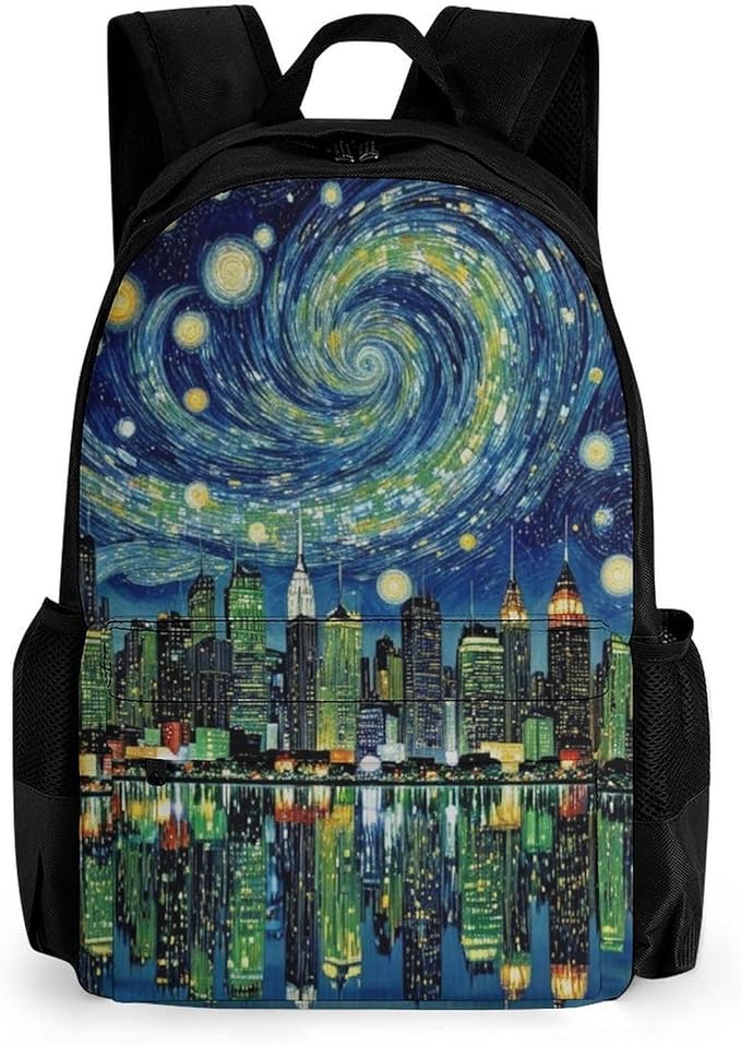 Supdreamc Adults Lightweight Chicago City Skyline Night View Starry Sky Painting Rucksacks Large Capacity Bookbag With Adjustable Shoulder Straps for Trekking Outdoors Bicycle