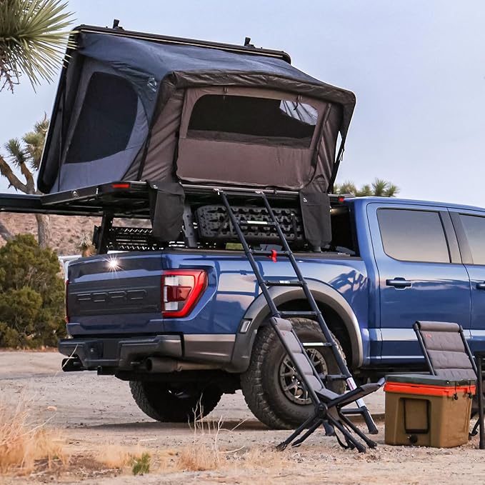 Syneticusa Aluminum Hard Shell Rooftop Truck SUV Jeep Van Tent Fits 2 Person for Overlanding Camping RTT LED Strip Light with Crossbars Cargo Carrier Easy Open