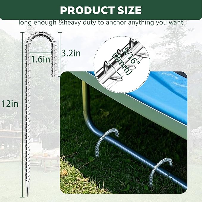 20 Pieces 12 Inch Long 5/16 Inch Diameter Rebar Tent Stakes Heavy Duty, Ground Anchors,Rebar Yard Fence Metal Lawn Bounce House Stakes Heavy Duty, Chain Link Fence J Hooks for Garden Wire Fencing