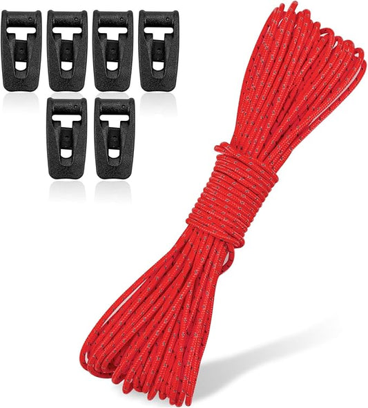 Hikeman Tent Guy Ropes 2mm-Ultralight Strong Guy Lines with Tensioner Reflective UHMWPE Fiber Tent Cord for Camping, Hiking, Backpacking Rope (Red, 39 Feet Cord & 6 Pcs Tensioner Kit)