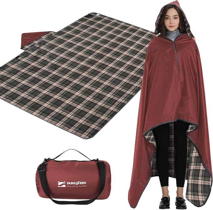 DUKUSEEK Stadium Blanket for All Weather, Waterproof Outdoor Blankets with Hood, Soft Warm Fleece Camping Blanket Windproof for Outdoor Sports, 79x58