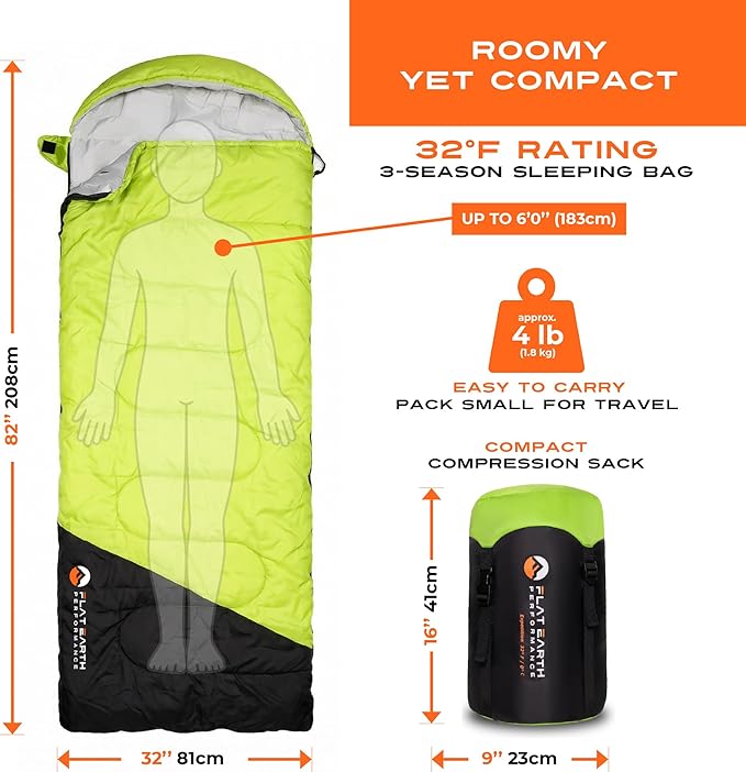 Expedition Camping Sleeping Bags with Compression Sack – 32°F/0°C Lightweight Camping Sleeping Bag for Camping & Hiking, Water-Resistant, Fits Adults & Teens Up to 6'0"