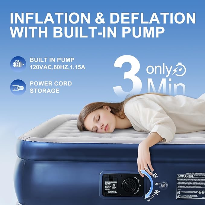 Air Mattress Full with Built in Pump,18'' Raised Inflatable Blow Up Air Bed, 3 Mins Quick Self-Inflation/Deflation Inflatable Bed for Guests & Home, Outdoor Camping and Travel, 600lbs Max