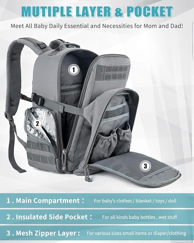SHARKMOUTH Military Diaper Bag for Dad: Large Insulated Baby Bag with MOLLE System & Changing Pad for Active Dads - 900D Polyester for Outdoor Travel Camping Park Trips