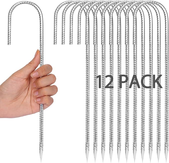 CEWOR 12 Pack 12 Inch Rebar Stakes, J Hook Heavy Duty Tent Stakes Metal Ground Stakes Galvanized Ground Anchors for Chain Link Fence, Trampoline, Camping, Canopy, Outdoor Decorations
