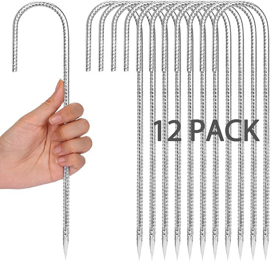 CEWOR 12 Pack 12 Inch Rebar Stakes, J Hook Heavy Duty Tent Stakes Metal Ground Stakes Galvanized Ground Anchors for Chain Link Fence, Trampoline, Camping, Canopy, Outdoor Decorations