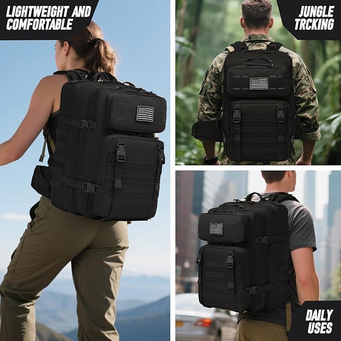 Tactical Backpack for Men, Water Resistant 46L Military Backpack, Large Army 3 Day Assault Pack for Hiking, Camping, Gym with Molle System, Black