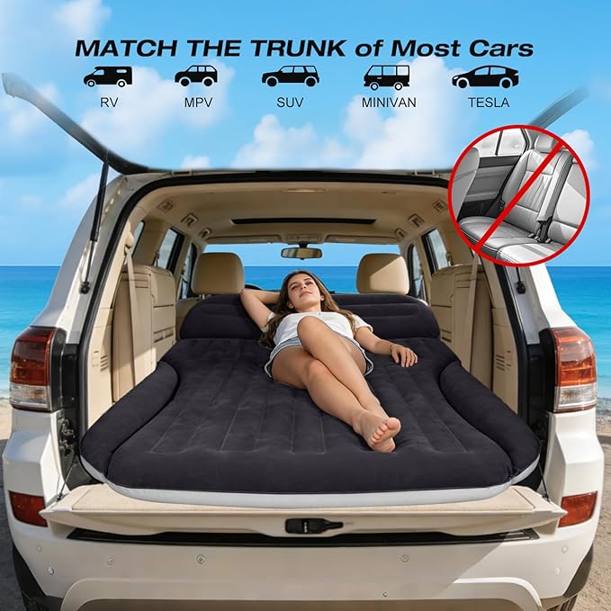SUV Air Mattress, Double-Sided Thick Flocked Car Air Mattress with Built-in Pump & Pillow, Complete Sleeping Accessories for Auto Camping & Road Trips（Blue Black）
