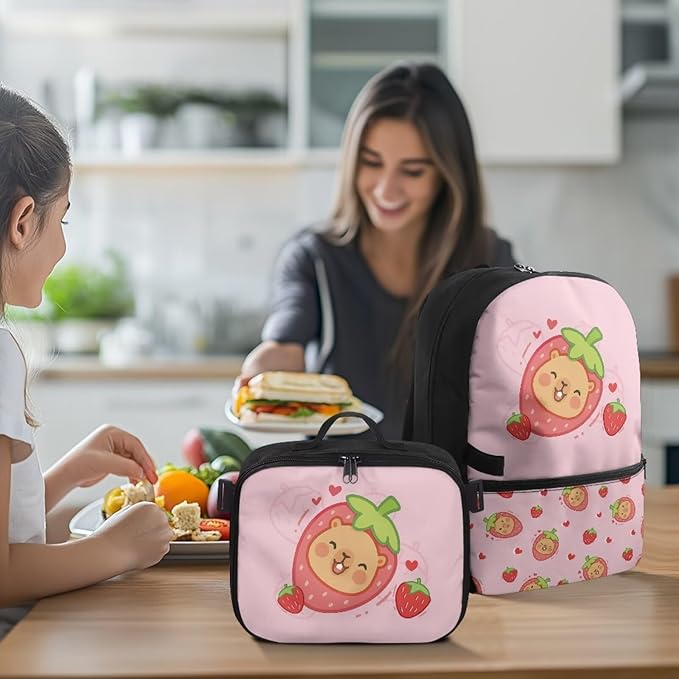 HUGS IDEA Strawberry Capybara Backpack for School Girls Cute Bookbag with Insulated Lunch Bag for Elementary Girls Kids Travel Backpack Set Large 17 Inch Schoolbag for Students Study Daypack