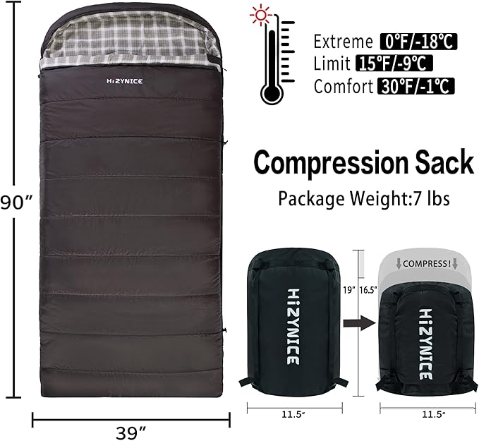 Cold Weather Sleeping Bag 100% Cotton Flannel XXL for Adults Big and Tall,Free Compression Sack
