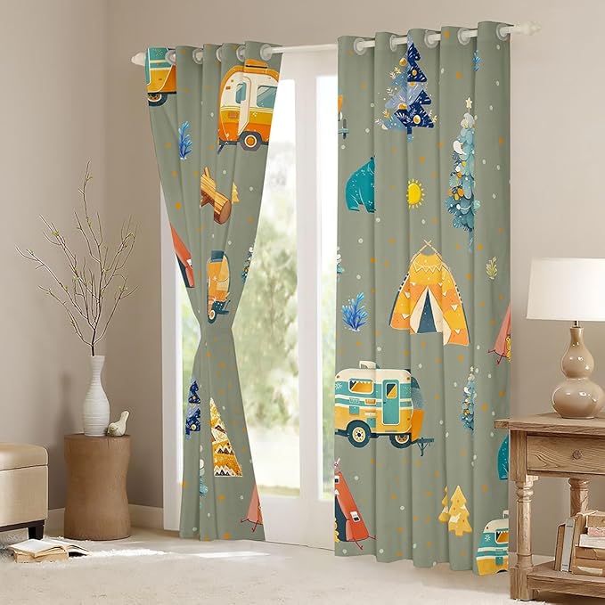 Feelyou Camping Camper Curtains for Bedroom Living Room Adventure Camper Blackout Shades Happy Camping Room Darkening Curtain Window Treatments, 2 Panels 42 x 90 Inch Decor