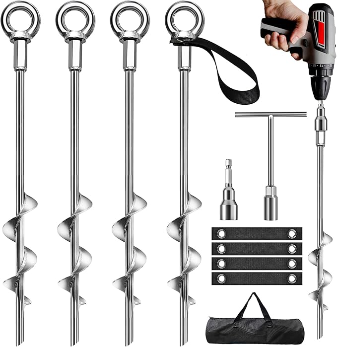 Phopich Ground Anchors Screw in, Swing Set Anchors Heavy Duty Tent Stakes Trampoline Anchors, 15" Spiral Earth Anchors with Straps for High Winds