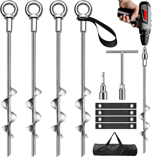 Phopich Ground Anchors Screw in, Swing Set Anchors Heavy Duty Tent Stakes Trampoline Anchors, 15" Spiral Earth Anchors with Straps for High Winds