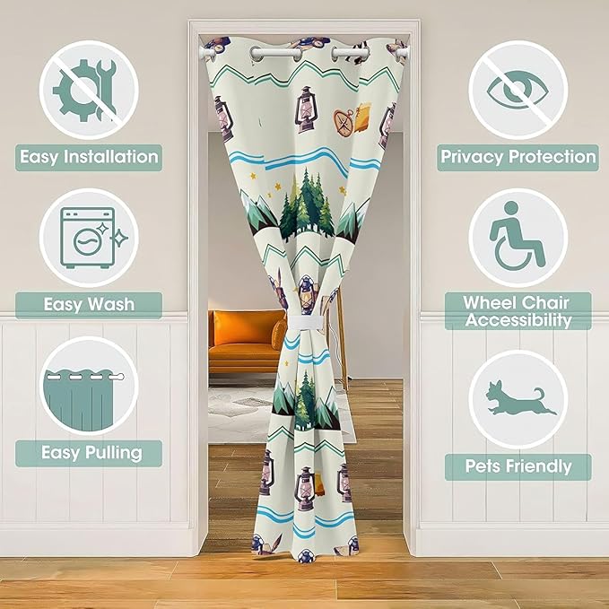 Happy Camping Adventure Door Curtain,Tent Bonfire Campfire Camper RV Blackout Curtain,Star Pine Tree Mountain Natural Bedroom Doorway Living Room Decor,Beige Privacy Door Drape 1 Panel,60" W X 80" L