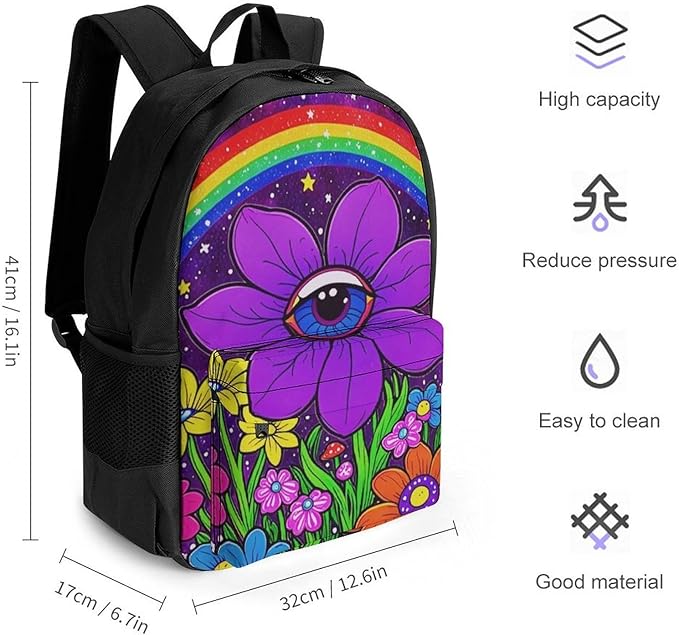 Backpack Multipurpose Anti-Theft Large Capacity Bookbag, Trippy Psychedelic Magic Eye Flower Art Travel Hiking Daypack With Side Pockets