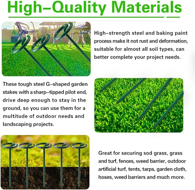 Bakulyor 50Pcs Circle Top Landscape Staples, 6 Inch Green Artificial Turf Stakes, 9 Gauge Landscape Fabric Pins, Heavy Duty Yard Lawn Spikes for Outdoor Soil Gardening Weed Barrier Sod Fabric - 6"