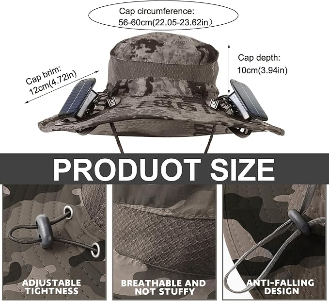 Outdoor Wide Brim Sun Hat with 2 Solar Powered Fan, Bucket Hat for Men Women, Fishing, Gardening & Beach Hat for Men