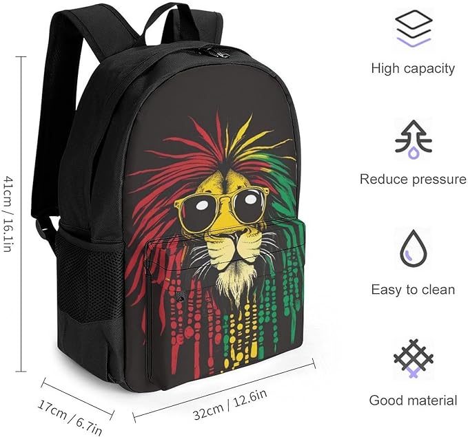 Polyester Daypack Backpack for Trekking Picnic Walking Cycling, Large Capacity Anti-Theft Multipurpose Shoulder Bag, Rasta Lion Sunglasses Casual Daypack