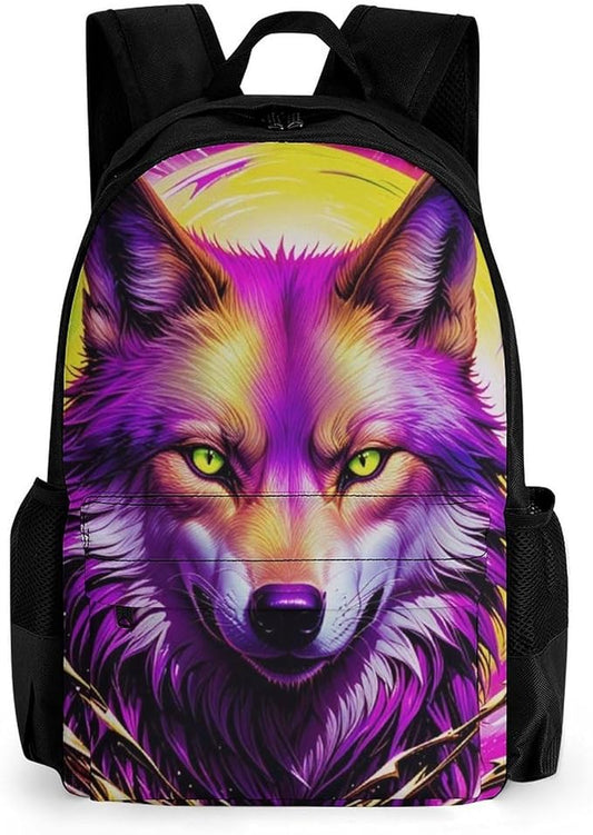 Supdreamc Lightweight Rucksacks for Climbing Outdoors Walking Cycling, Large Capacity Anti-Theft Multipurpose Carry On Bag, Cool Red And Yellow Light Wolf Art Camping Outdoor Backpack