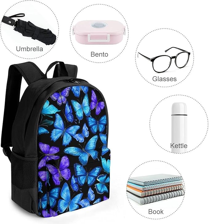 Shoulder Book Bags Polyester Multipurpose Anti-Theft Blue Butterflies Carry On Bag Large Capacity Travel Hiking Camping Rucksack