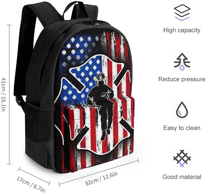 Rucksack Multipurpose Anti-Theft Big Capacity Shoulder Bag, Fireman Flag American Firefighter Travel Hiking Camping Rucksack With Side Pockets