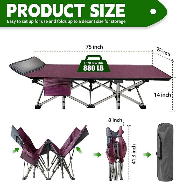 NAIZEA Folding Camping Cots for Adults, Portable Cot with Mattress Heavy Duty Outdoor Bed with Carry Bag 1200d Oxford Cloth Sleeping Cots for Camping Office Nap Home Guest Beach Travel
