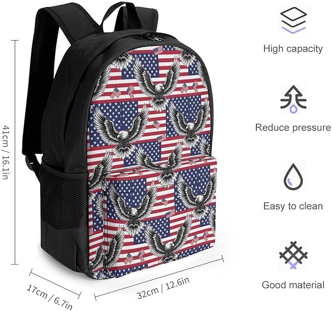 Daypack Bookbag Multipurpose Anti-Theft Big Capacity Carry On Bag, American Flag Usa Cool Bald Eagle Pattern Art Travel Hiking Camping Rucksack With Padded Straps