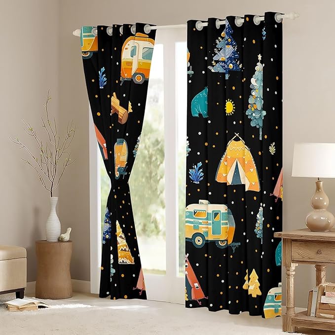 Feelyou Adventure Camping Curtains for Bedroom Living Room Camper Picnic Blackout Darkening Drapes Happy Camping Black Window Treatments, 2 Panels 42 x 90 Inch Room Decor