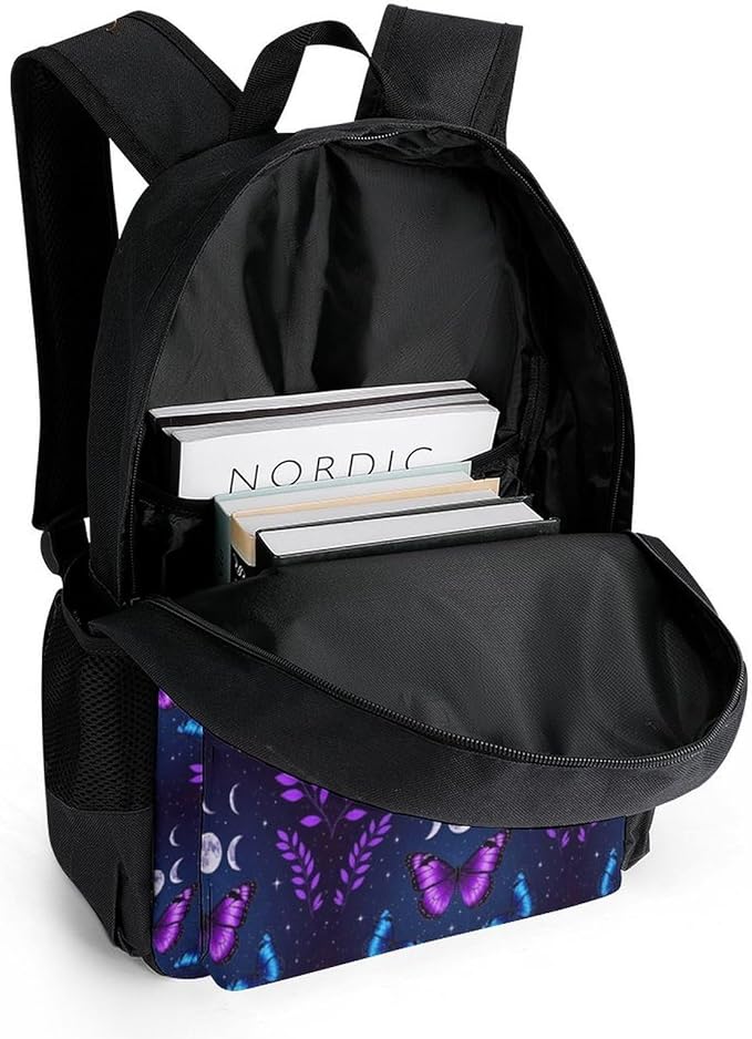 Supdreamc Polyester Daypack Backpack for Climbing Outdoors Running, Big Capacity Multipurpose Anti-Theft Bookbag, Magic Moon Moth Butterfly Mystical Goth Astrology Art Travel Hiking Camping Rucksack
