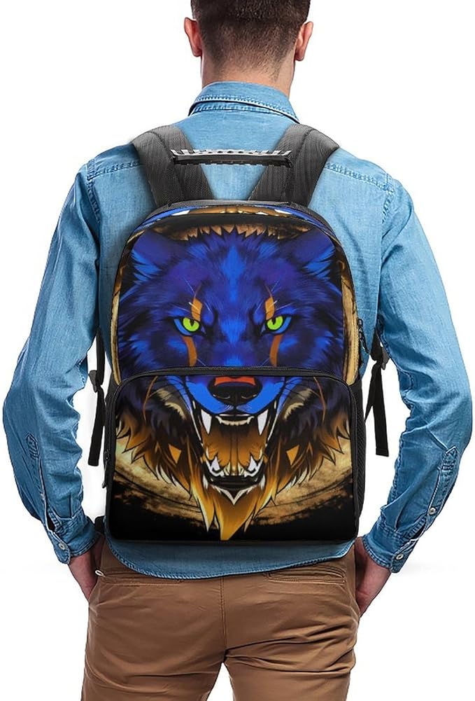 Lightweight Daypack for Camping Business Walking Cycling, Large Capacity Anti-Theft Multipurpose Bookbag, Wolf Head With Fire Art Gym Outdoor Hiking Backpack