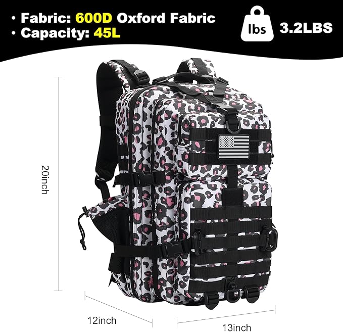 45L MOLLE Assault Backpack, Tactical Backpack Military Army Camping Rucksack with Bottle Holder, 3-Day Pack Trip w/USA Flag Patch, D-Rings, Leopard