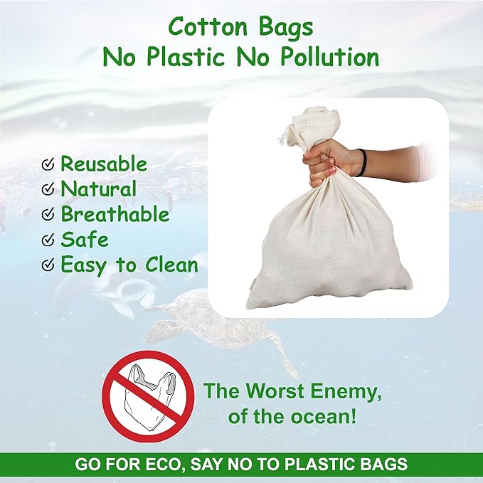 Reusable Cotton Storage Produce Bags With Drawstrings Medium 8x10 inch (12 Psc), Muslin Bags - For Bulk Food Storage, Vegetable, fruit, Food, Snack, Footwear, Toys Storage Bag