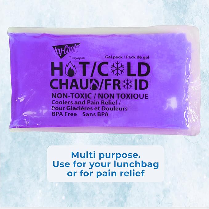 ICY-COOLS 3 Pack Reusable Hot or Cold Gel Ice Packs for Injuries, Multipurpose Ice Packs for Lunch Boxes, Long-Lasting Cold Therapy for Pain Relief, 4 x 8 Inches (Purple)
