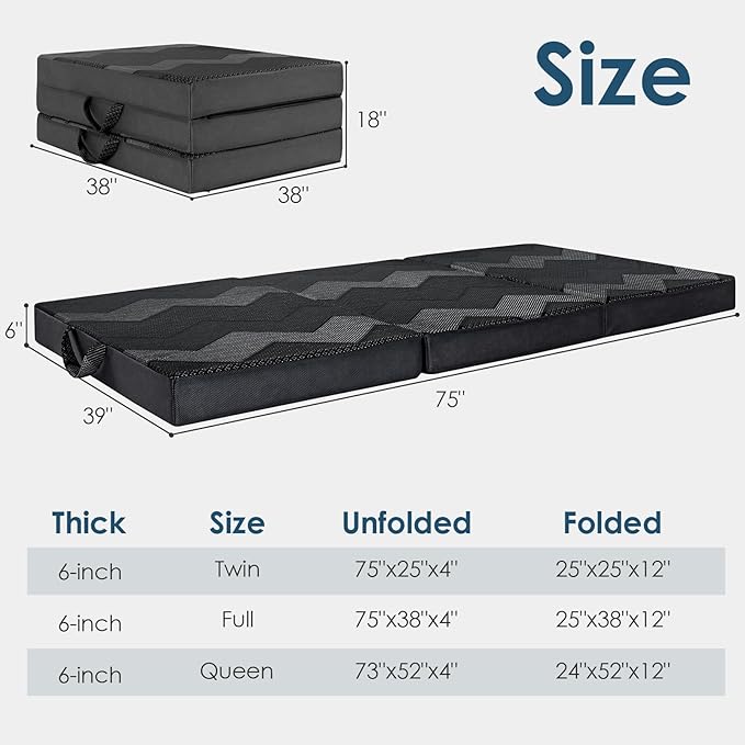 INGEROOM Foldable Mattress Queen - Memory Foam 6 inch Trifold Mattress for Camping, with Portable Handle, Non-Slip Folding Floor Bed Sofa for Guest Travel Yoga, Washable Breathable Cover