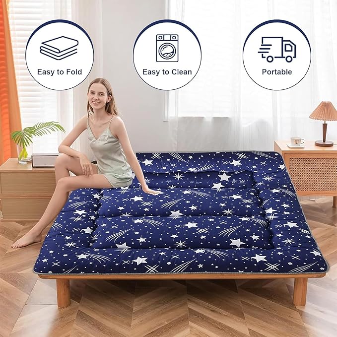 Japanese Floor Mattress,Thicken Japanese Floor Sleeping Pad Foldable,Roll Up Tatami Mat Easy to Store and Portable,Futon Mattress Suitable for Camping and Guest Room (Blue, Queen (80" X 60"))
