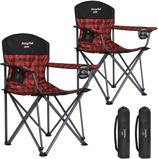 SUNNYFEEL Oversized Folding Camping Chair 2 Pack 800 LBS Heavy Duty for Big Tall People Red Padded Portable Collapsible Chairs with Armrest Cup Holder & Pocket for Outdoor Travel Picnic Camp Sports