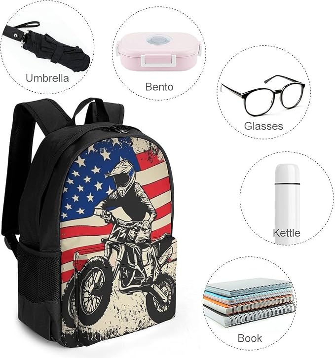 Lightweight Rucksack for Sports Travel Running, Big Capacity Multipurpose Anti-Theft Bookbag, Dirt Bike Motocross American Flag Travel and Sport Backpack Rucksack