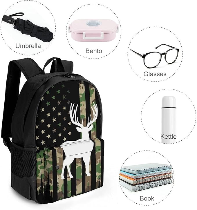 Lightweight Rucksack for Sports Travel Running, Big Capacity Multipurpose Anti-Theft Bookbag, Hunting Deer Camo Camouflage American Flag Black Travel and Sport Backpack Rucksack
