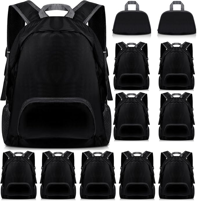 Dunzy 12 Pcs 20l Foldable Backpacks Bulk Lightweight Basic Back Pack Wholesale for Homeless Donation Corporate Events Travel Camping (Black)